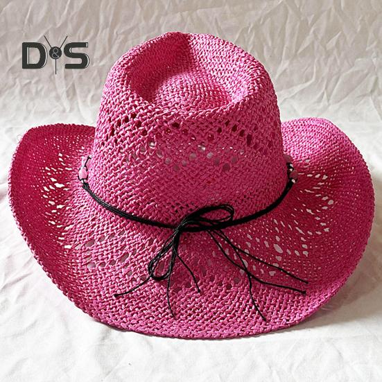 Summer Straw Hat Hollow Out Foldable Adjustable Bead Decor Curled Edge Windproof Strap Western Cowboy Style Solid Color Outdoor Cap