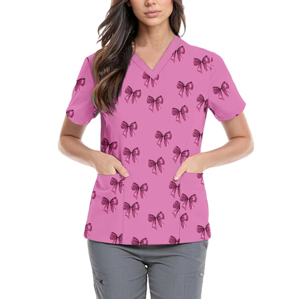 Women's Cute Bow Printed Work Clothes V-neck Double Layer Pockets Basic Short Sleeve Top Pullover
