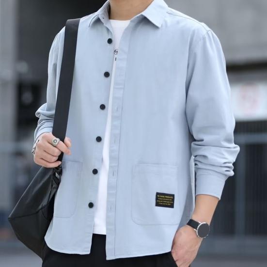 Men Autumn Shirt Double Pockets Solid Color Long Sleeves Turn-down Collar Loose Warm Single-breasted Casual Korean Style Autumn Tops for Daily Wear