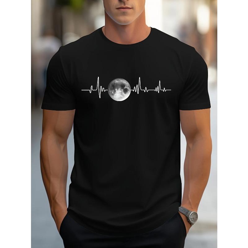 Summer Men's 100% Pure Cotton Sports Casual Loose Fit Plus Size Moon Print Comfortable Round Neck Short Sleeved T-shirt Top