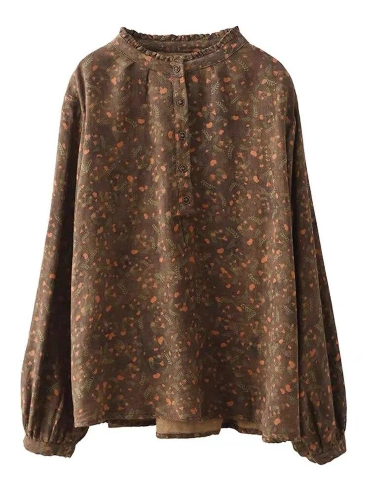 Johnature Women Vintage Print Floral T-Shirts Long Sleeve O-Neck Spring Tees Double Cotton Soft Loose Women T-Shirts