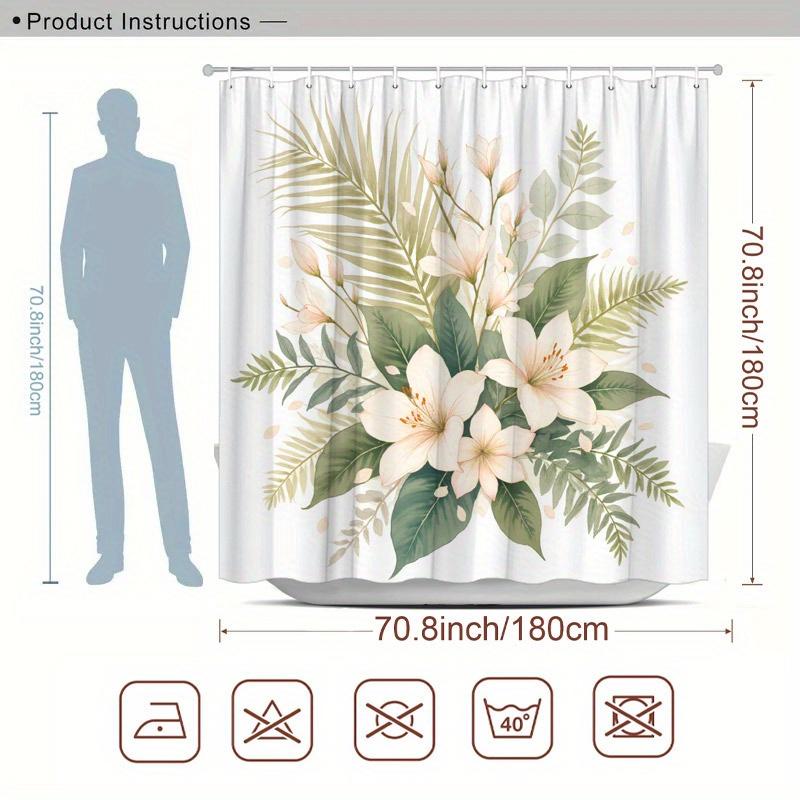 1Pc Beige Floral & Palm Frond Shower Curtain - Soft Pastels, Serene Design, Polyester, 70.8X70.8In, 12 Hooks, Washable