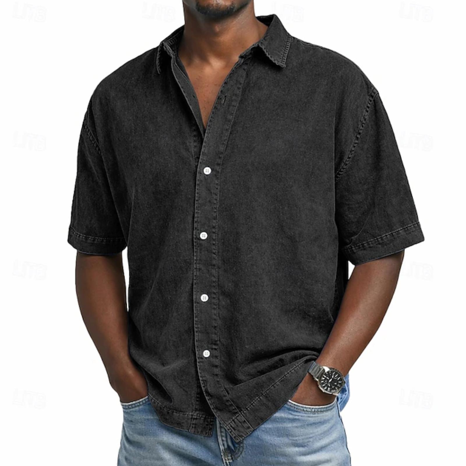 

Мужская деловая городская универсальная рубашка с пуговицами, воротником, однотонная L чёрный