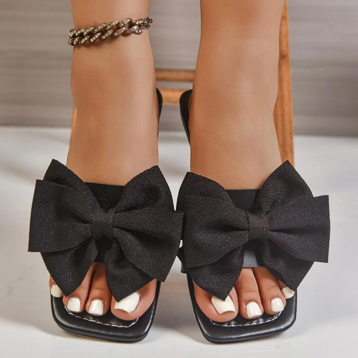 

Женские балетки-шлепанцы 2025 Новые сандалии с бантом Легкая роскошная обувь для женщин Плоские повседневные пляжные шлепанцы Слайды Женские 43 чёрный