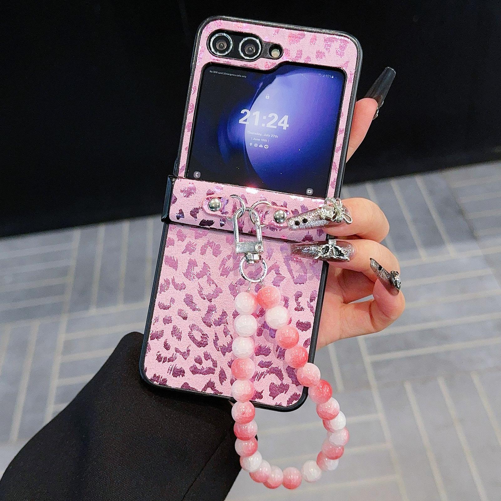 

For Samsung Galaxy Z Flip6 5G Case Leopard Print Leather+PC Phone Cover with Beaded Strap Pink