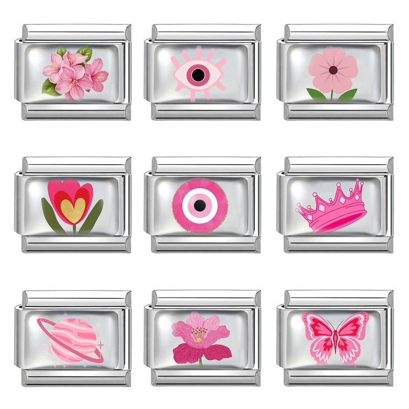 New Design Pink Planet Flower Cherry Eyes Butterfly Italian Charm Links Fit 9MM Stainless Steel Bracelet Jewelry DIY Making