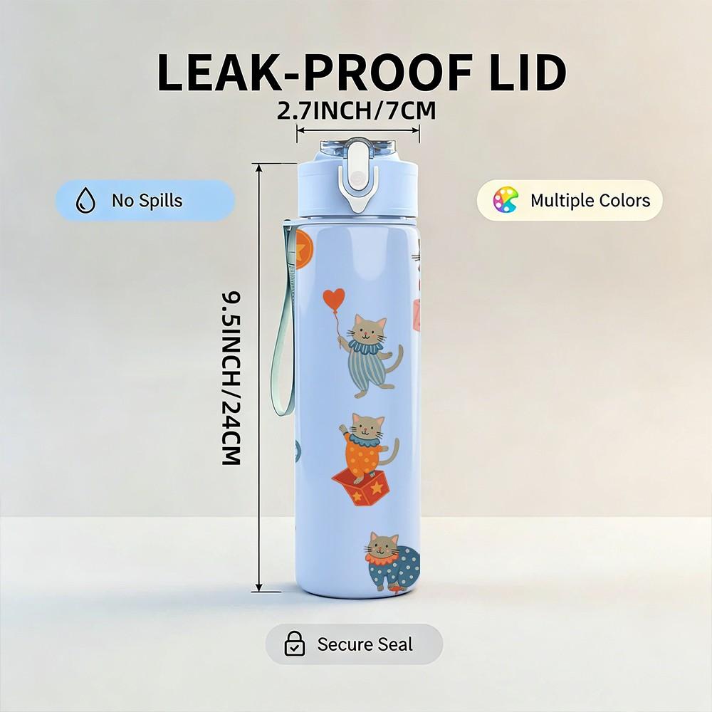 1PC Cartoon Character Set Print 750ml Color Plastic Sports Water Bottle Leakproof Flip Straw Lid Suitable for Sports Office Home Use