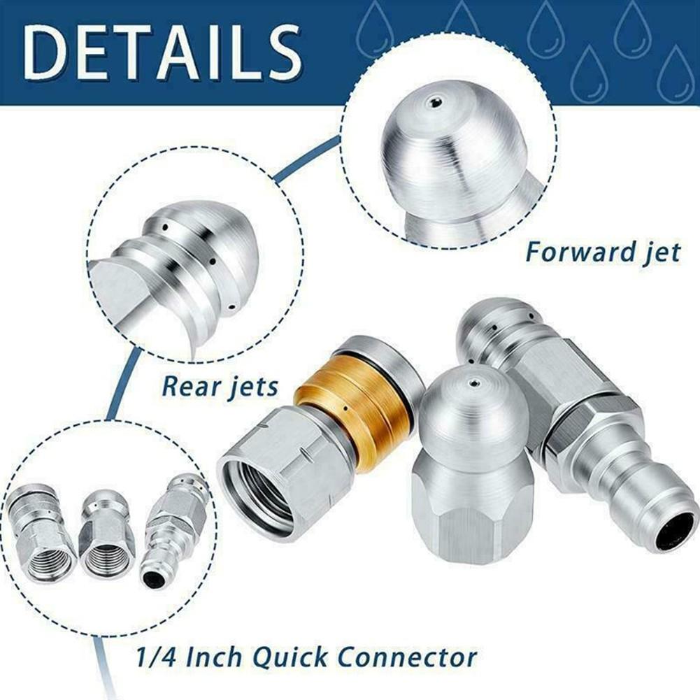 3 Pcs Sewer Jetter Nozzle 1/4" Pressure Washer Rotating Button Nose Connector