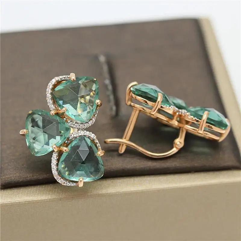 Modne i Świeże Zielone Kamienie Olśniewające Kolczyki Liście dla Kobiet Temperament Szmaragdowe i Wykwintne Kolczyki Glamour Cyrkonia