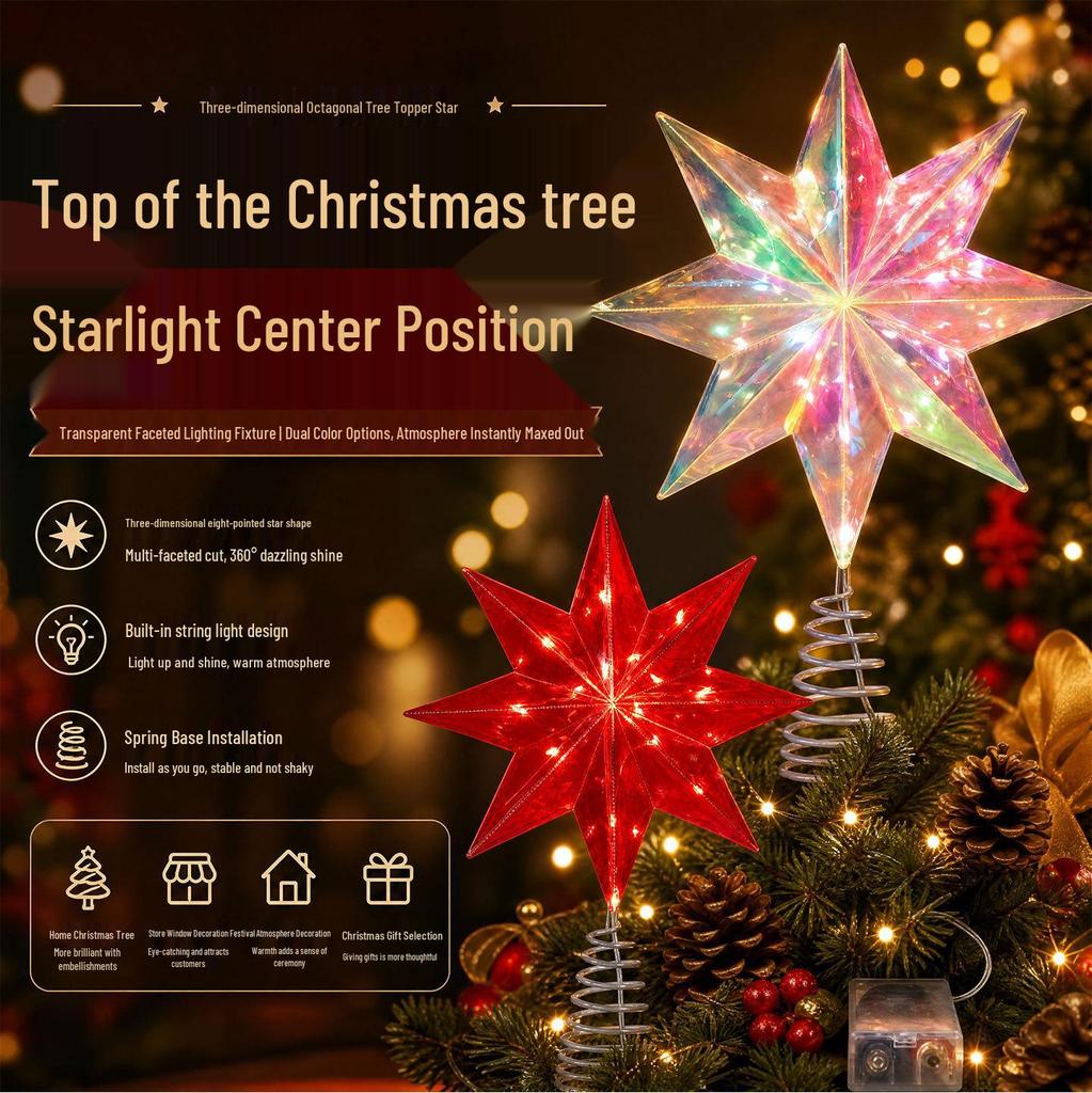 LED Illuminated Christmas Acrylic Octagonal Tree Topper Star - Colorful Eight-Pointed Red Design
