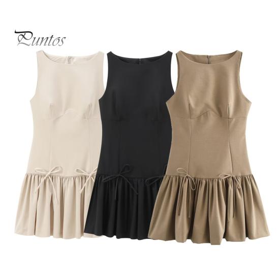 Women Summer Dress Sleeveless Bow Decor Pleated A-line Solid Color Mini Dress Back Zipper Closure O Neck Vest Dress for Dating Party