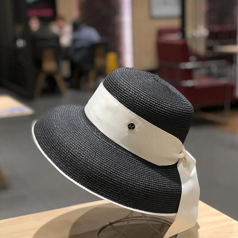Women's French Retro Straw Sun Hat with Bow Detail - Hepburn Style Elegant Wide Brim UPF 50+ Sun Protection for Beach Vacation