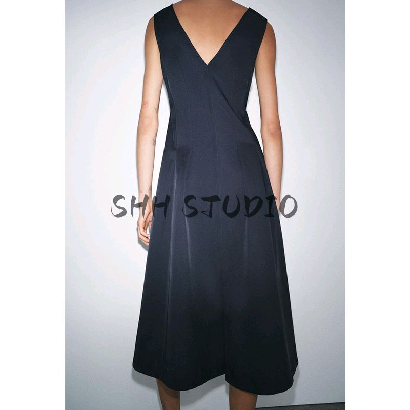 Spring and Summer New Women clothes Cotton Blended A- line Hem Zipper Ornament V-neck Midi Dress 9479051