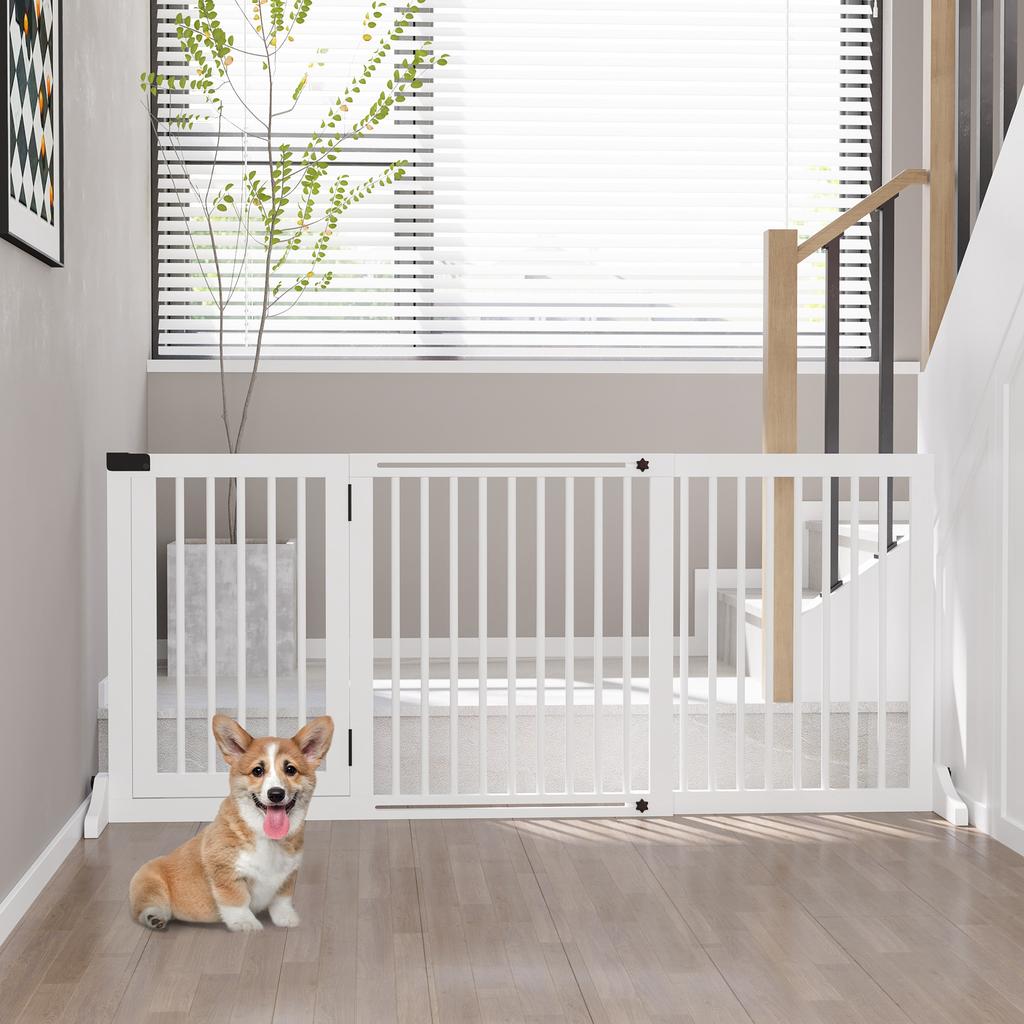 Wooden Dog Gate, Dog Fence Indoor, Freestanding Dog Barrier, Adjustable Lockable Fence with 3 Panels, 71H X 113-166W Cm, White
