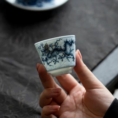 Retro Blue and White Dragon Coiled Cloud Tea Cup, Auspicious Cloud Dragon Patterned Tea Cup, Home Painted Gold Customer Cup