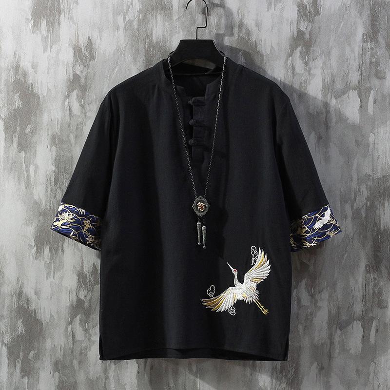 Мужские футболки с вышивкой журавля одежда в традиционном японском стиле мужские льняные рубашки с коротким рукавом однотонные рубашки с воротником мадарин M чёрный 2260₽