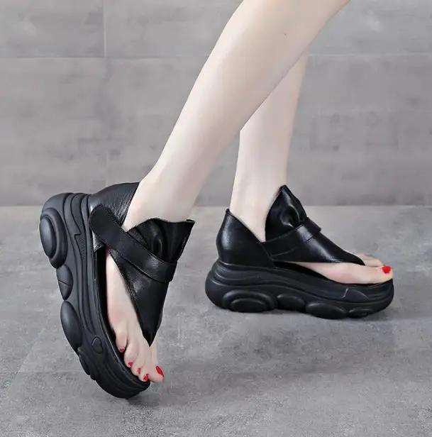 Fashion High Quality 7CM Cow Genuine Leather Black Flip On Slippers Pumps Hook Mary Jane Sandals Platform Wedge Women Summer Shoes Flats