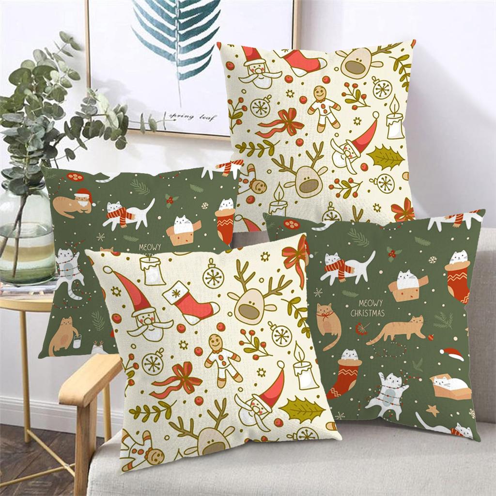 Christmas Cat And Holiday Pattern Decorative Throw Pillow Cover 2D Printed Polyester Sofa Cushion Case For Festive Home Decor