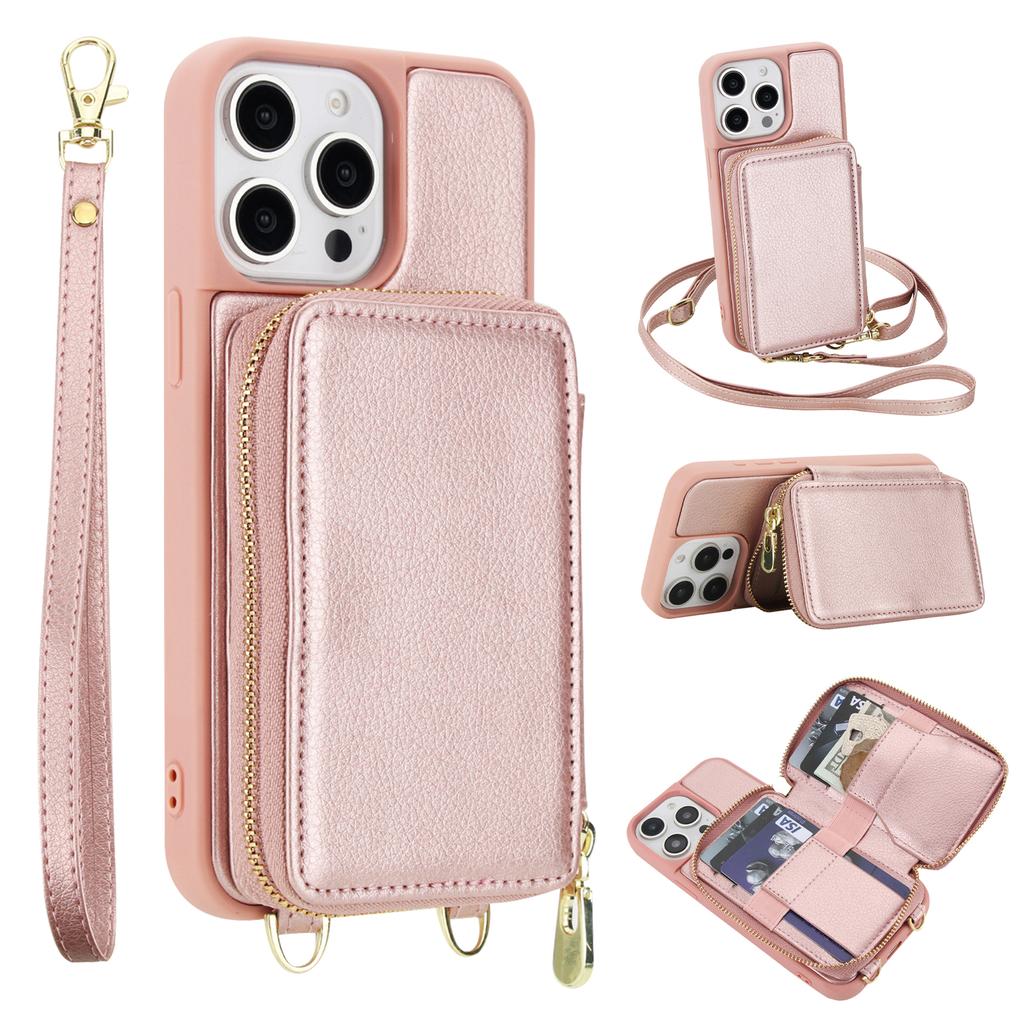 For iPhone 15 Pro Case RFID Blocking Zipper Wallet Leather + TPU Phone Cover with Shoulder Strap
