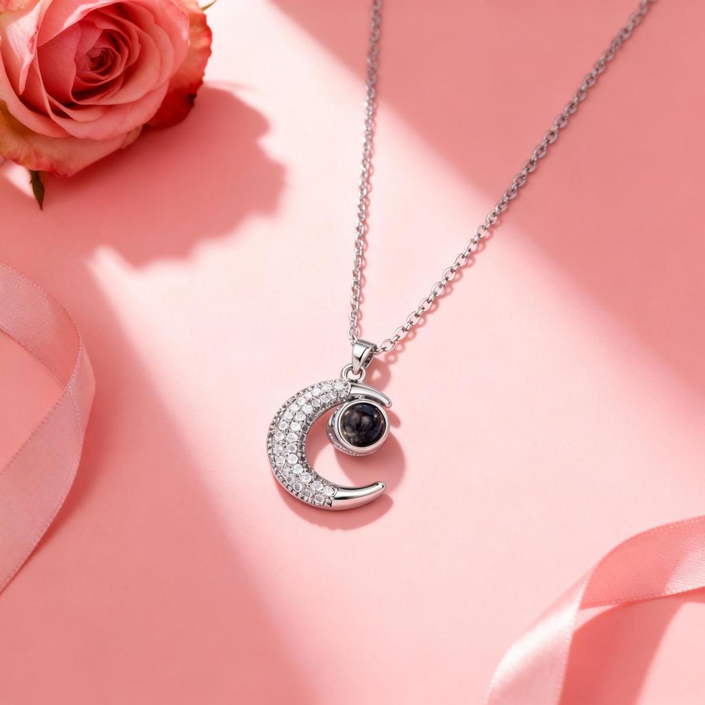 100 Languages Projection Moon Pendant Necklace in Gold-Plated Titanium Steel
