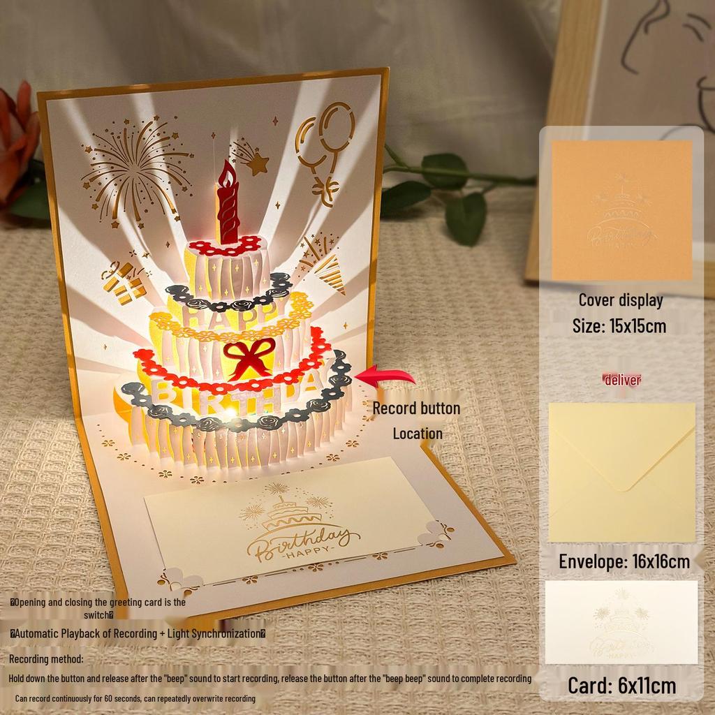 Dźwiękowa kartka urodzinowa 3D Pop-Up ze światłem do nagrywania - Wzór tortu na prezent dla chłopaka/dziewczyny