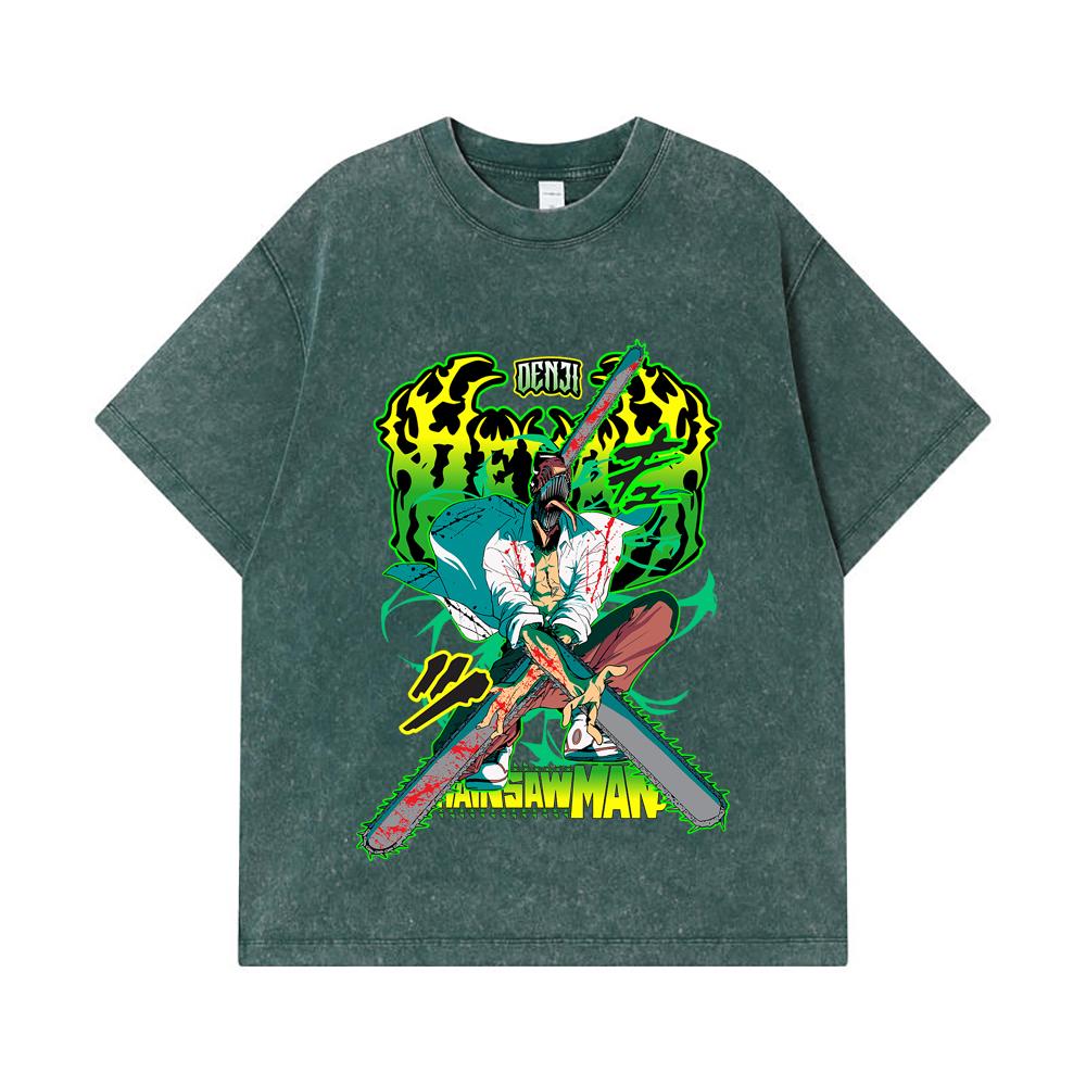 275 GSM Washed T-shirts 100% Cotton Chainsaw Man V36 Denji Pochita Print Unisex Heavy Cotton T Shirt