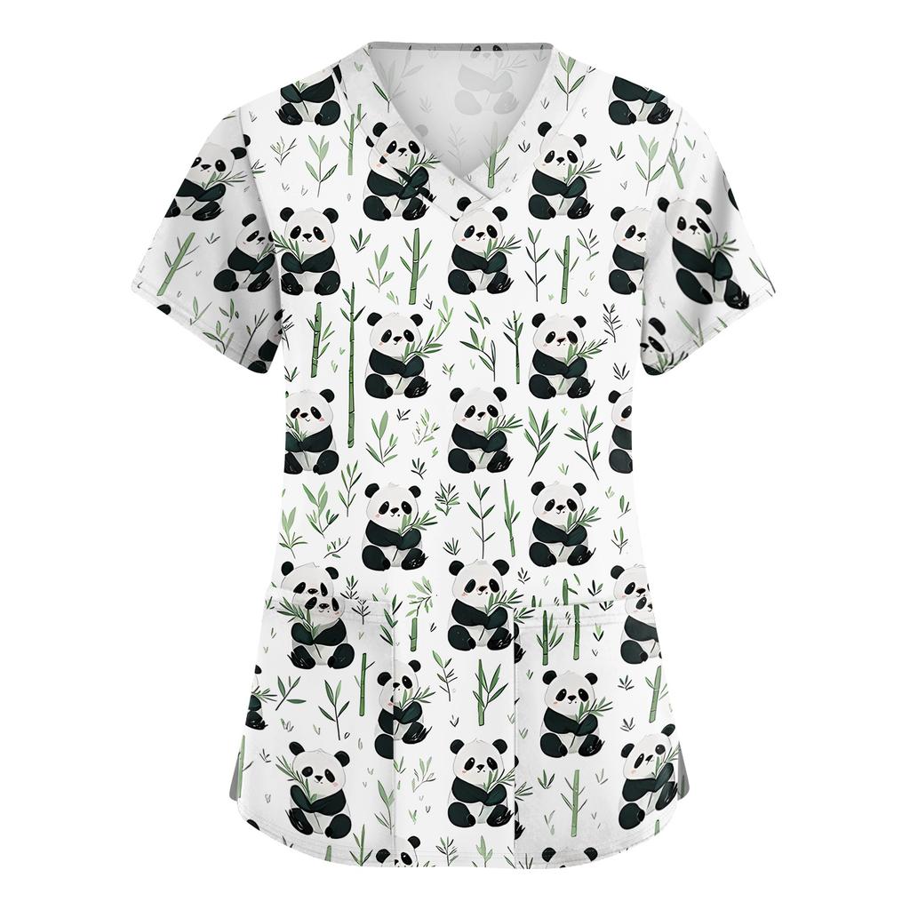 Damen V-Ausschnitt Kurzarm Arbeits-Top mit Seitenschlitzen und Taschen Tierprint Medizinische Uniformbluse für medizinisches Fachpersonal