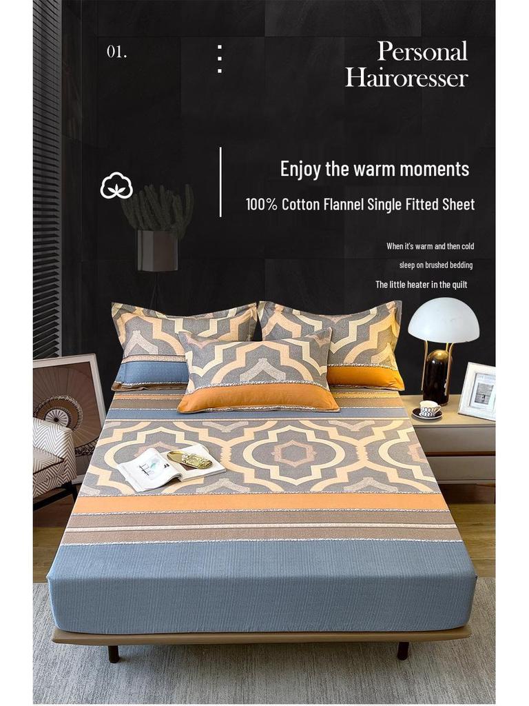 Thick Pure Cotton Flannel Fitted Bed Sheet: Non-Slip, All-Inclusive Mattress Protector