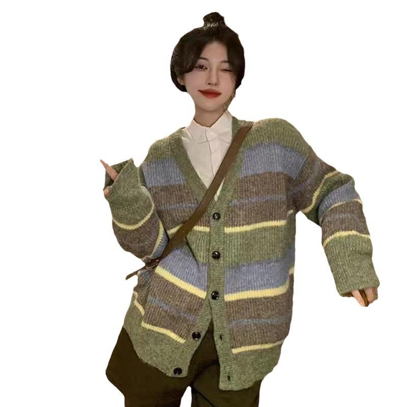 V-neck Japanese lazy style retro striped sweater jacket women's new autumn and winter loose and thin knitted cardigan