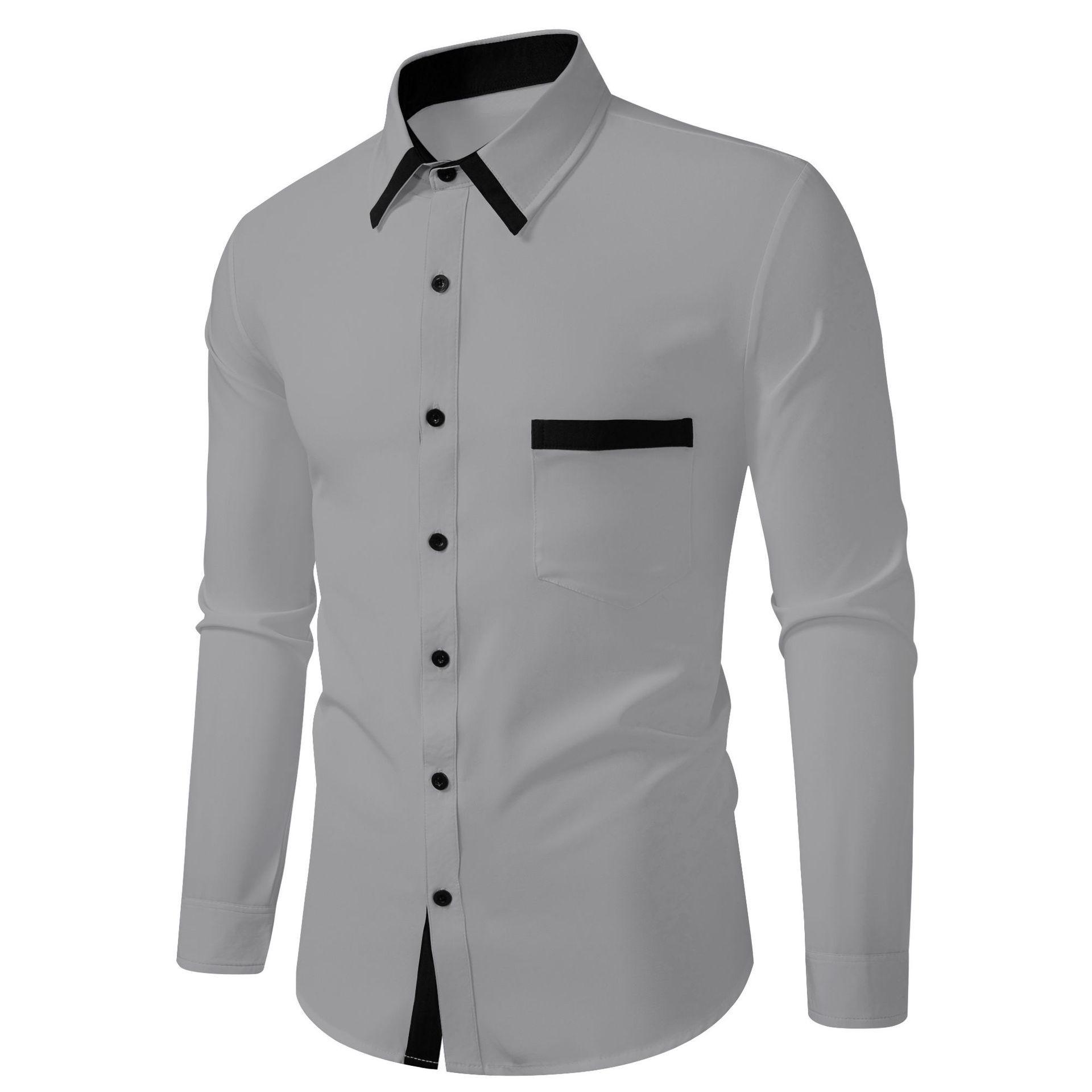 

2026 New Fashion Men s Clothing Men s Color Matching Business Slim Casual Shirt Contrasting Color Long-sleeved Shirt Cardigan 3XL сірий