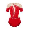 Girls Figure Skating Leotard Short Sleeve Cutout Back Sheer Mesh Patchwork Shiny Rhinestones Bodysuit
