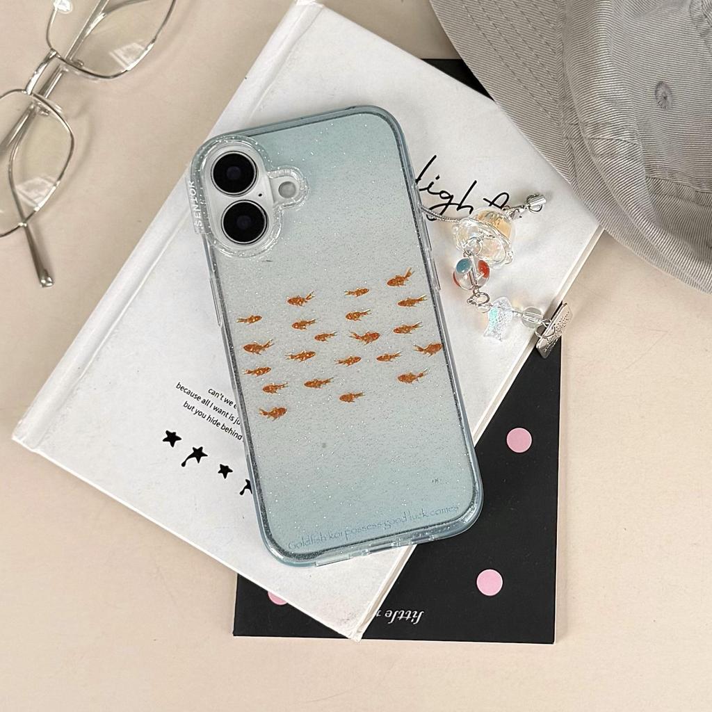 Korean Style Gold Foil Goldfish Phone Case for iPhone 14/15/16/17 Pro Max