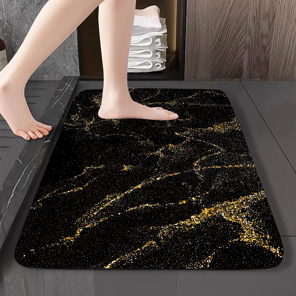 Luxury Black Gold Marble Floor Mat Graphic Printed Flannel Doormats for Bathroom Kitchen Entrance Carpet Home Decor