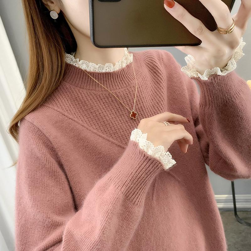 Women's Sweater Knitted Bottoming Shirt Spring Spring Autumn Versatile Semi-turtleneck New Lace Edge High Sense