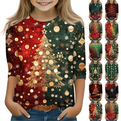 Christmas Day Print Tops For Youth Girls 4-11 Years Round Neck 3/4 Sleeves T-Shirts Trendy Tops Outfit Tees