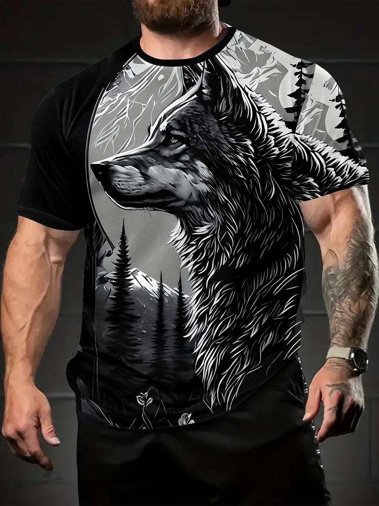 3D Wolf Mountain Forest Print Men'S Round Neck T-Shirt – Stylish Casual Summer Top for Outdoor Activities, Gym, Running & Everyday Wear, Comfortable