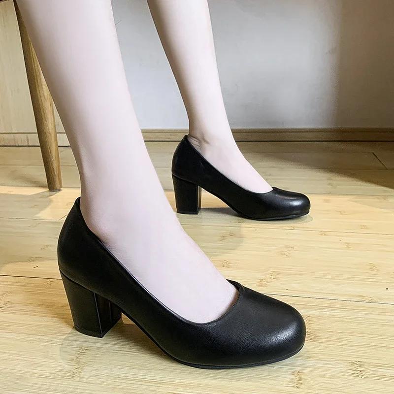 Fashion Women's Pumps Spring Autumn Round Toe Fashion Black High Quality Square Heel Party Lady Elegant Mom Slip-on Casual Basic Shoes