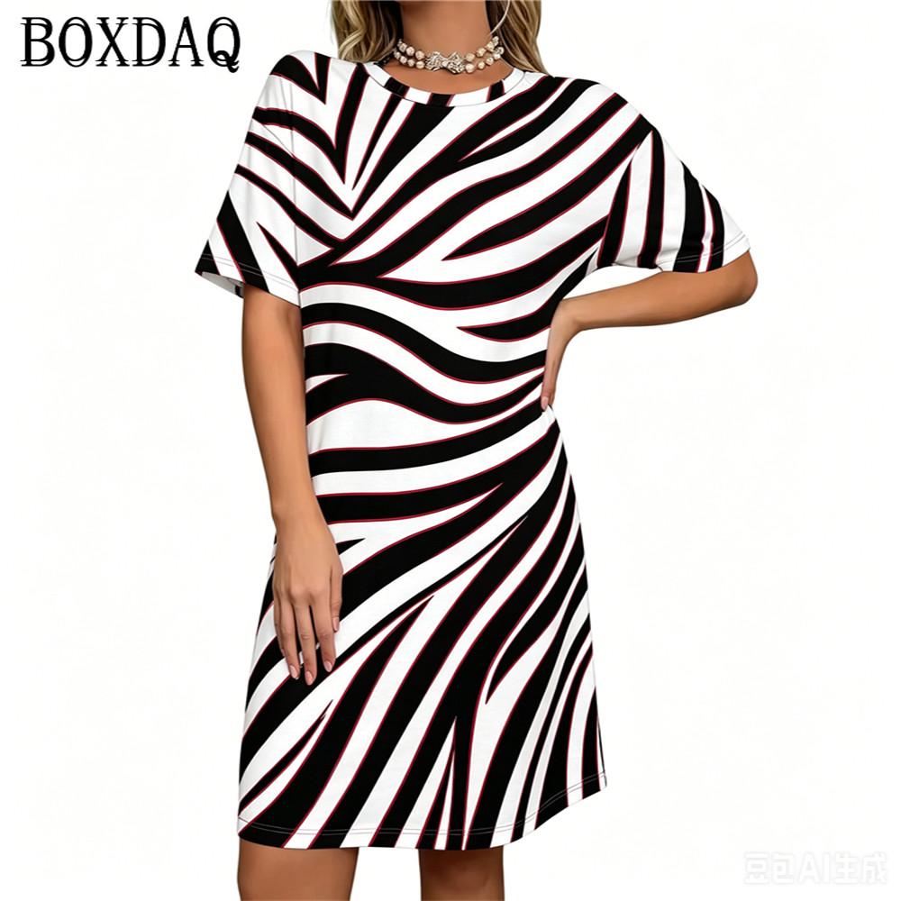 Women's New Summer Round Neck Short Sleeved Loose Gradient Striped Printed A-line Dress