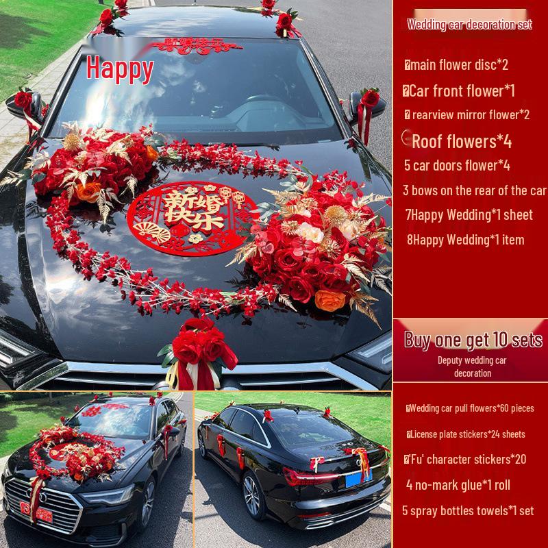Complete Wedding Car Decoration Set: Front Flower Main Car and Lead Car Arrangement