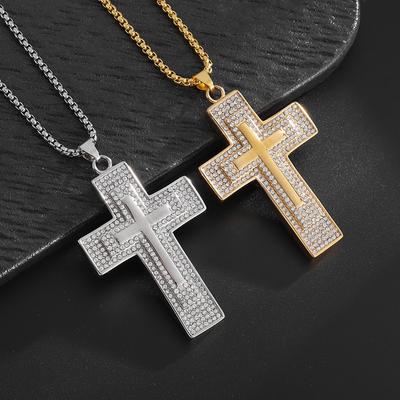 European and American Diamond Necklace Double Cross Pendant Necklace Trendy Mens Necklace