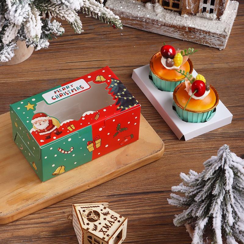 10 Set Merry Christmas Paper Gift Packaging 2pcs Cupcake Pastry Cake Boxes Clear Window Mousse Dessert Egg Tart Box