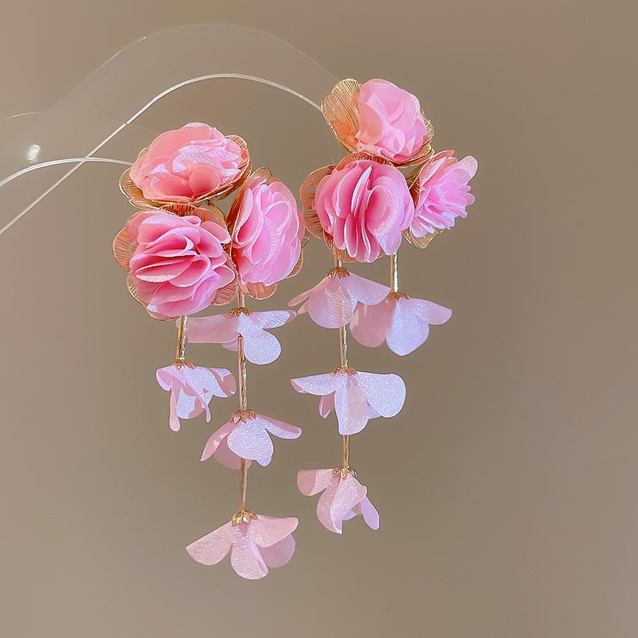 Silver Needle Chiffon Flower Tassel Earrings, Sweet Mori Style, Dopamine Trend, Versatile Women’s Earrings