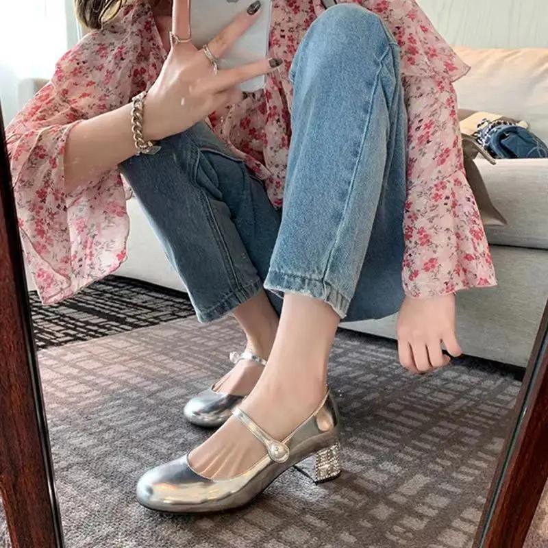 Fashion Shoes for Women Mary Jane Woman Footwear Gothic Round Toe with Medium Heels Diamond Crystals Rhinestone Pearl Popular Stylish 39