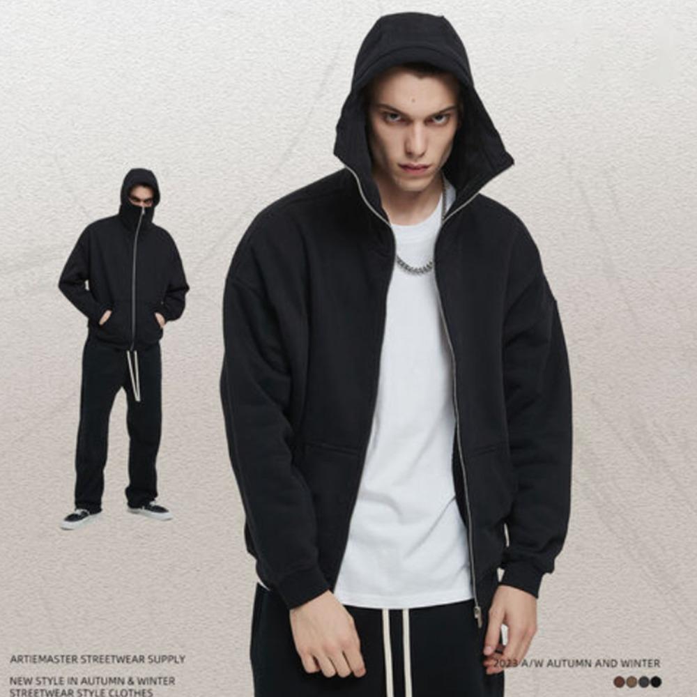 Men's Cross Border New American High Neck Face Protection Hoodie Black Basic Heavy Duty Zipper Cardigan