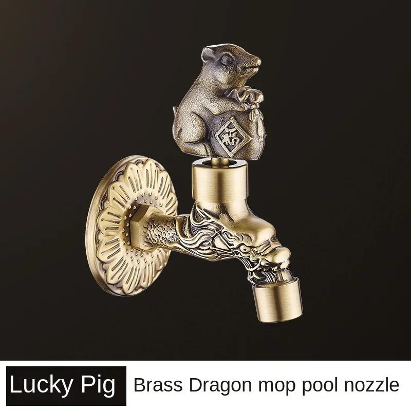 Brass Antique Bibcock Carved Washing Machine Faucet with Lock Outdoor Mop Pool Taps Retro Chinese style Wall Mounted Garden