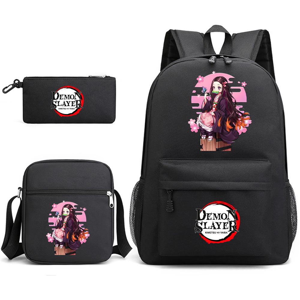 3Pcs/set Anime Demon Slayer Printed Backpack with Shoulder Bag Pencil Case for Teenager Student Boy Girl Waterproof Schoolbag