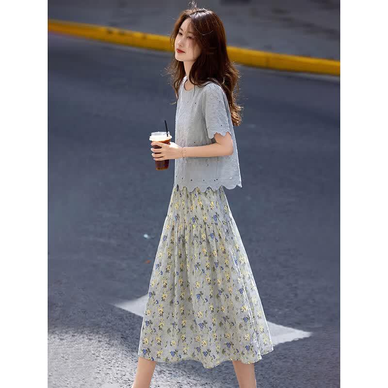 Embroidered Hollow Short Sleeve Tee & Floral Skirt Set