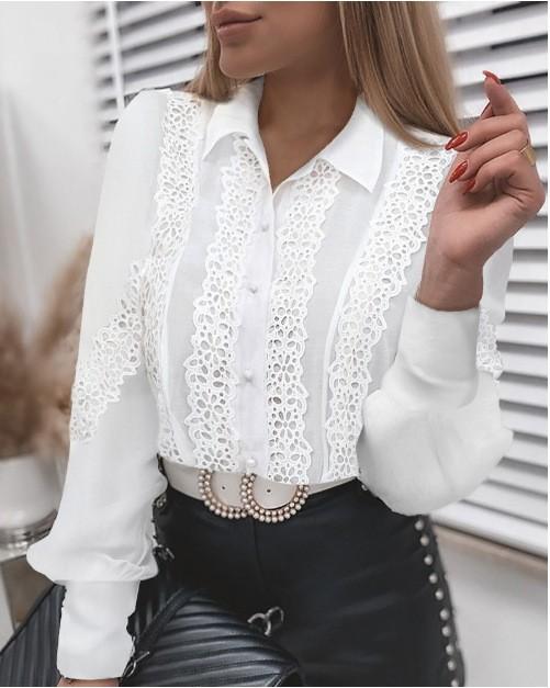 Ladies Fashion Lace Long Sleeve V-neck Round Neck Lace Button Shirt Shirt