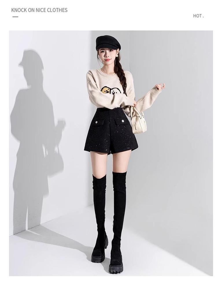 High-Waisted Black Sequin Woolen Shorts for Women - Winter 2026 A-Line Slimming Style, Perfect with Boots and Outerwear