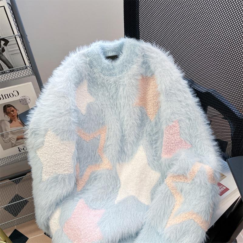 Star Jacquard Women's Sweater Plush Round Neck Long Sleeved Knitted Sweaters Loose Fashion Woman Trendy Pullover Top